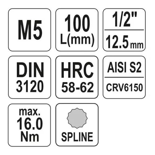 YATO YT-04350 Hosszú bit dugókulcs Spline 1/2" M5 CrV