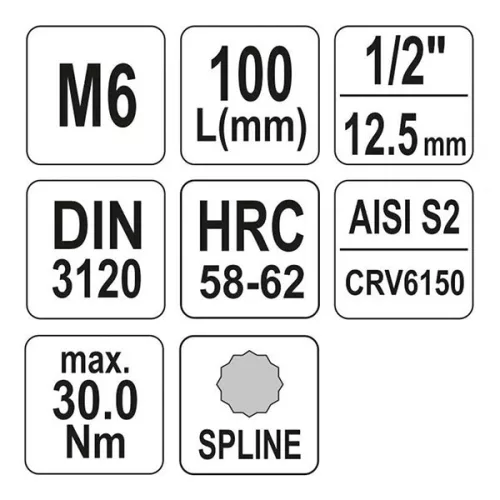 YATO YT-04351 Hosszú bit dugókulcs Spline 1/2" M6 CrV