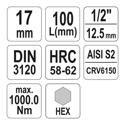 YATO YT-04398 Hosszú bit dugókulcs Imbusz 1/2" 17 mm CrV