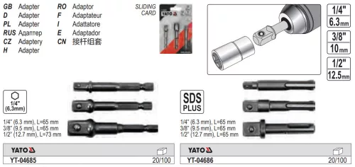 YATO YT-04685 Dugókulcs adapter készlet 3 részes 1/4" Hex -> 1/4", 3/8", 1/2" négyszög