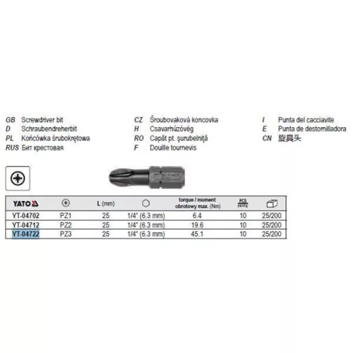 YATO YT-04722 Bithegy PZ3 1/4" 25 mm (10 db/cs)
