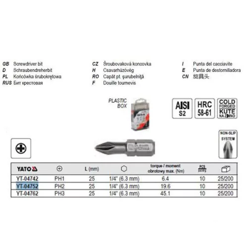 YATO YT-04752 Bithegy PH2 1/4" 25 mm (10 db/cs)