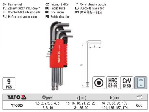 YATO YT-0505 Gömbfejű imbuszkulcs készlet 9 részes 1,5-10 mm CrV