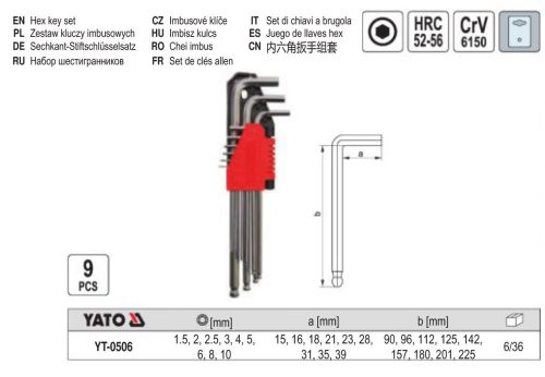 YATO YT-0506 Imbuszkulcs készlet 9 részes 1,5-10 mm CrV