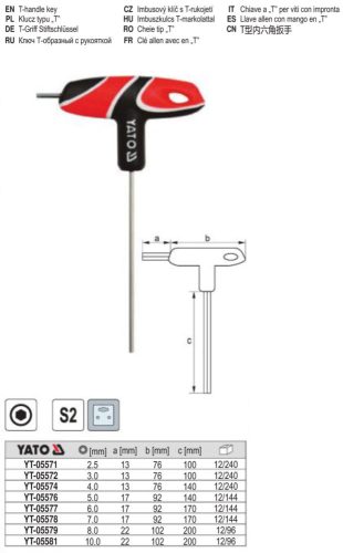 YATO YT-05572 Imbusz T-kulcs 3,0 mm / 13 x100 mm S2