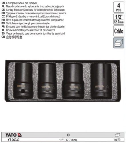 YATO YT-06030 Roncsolt csavar leszedő gépi dugókulcs készlet 4 részes 1/2 Col 17-26 mm CrMo