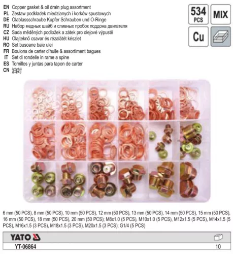 YATO YT-06864 Olajteknő rézcsavar és alátét készlet 534 db