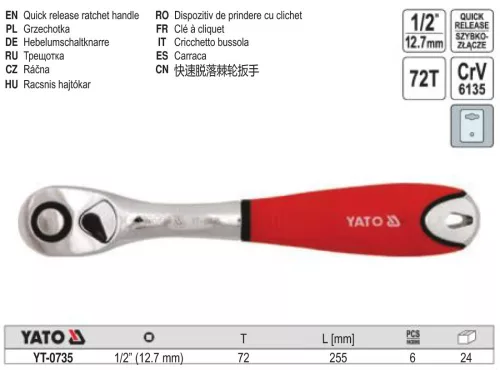 YATO YT-0735 Racsnis hajtószár 1/2" 255 mm 72T hajlított szár CrV