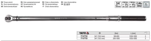 YATO YT-07752 Nyomatékkulcs 3/4" 160-800 Nm / 1030-1050 mm CrMo