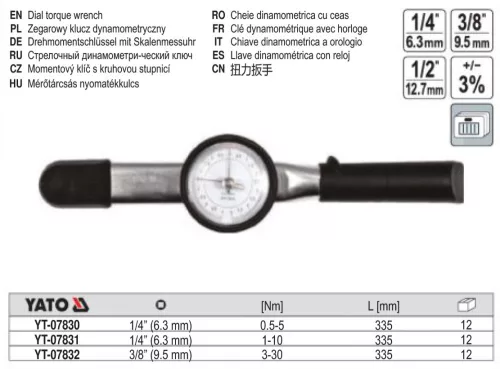 YATO YT-07831 Mérőórás nyomatékkulcs 1/4" 1-10 Nm / 335 mm
