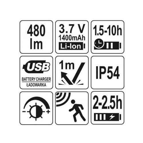 YATO YT-08592 Akkus LED fejlámpa 480 lumen mozgásérzékelős