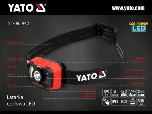 YATO YT-085942 Akkus fejlámpa 1000 lumen