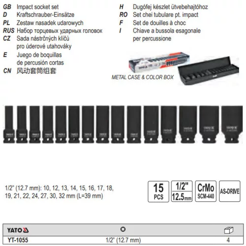 YATO YT-1055 Gépi hosszú dugókulcs készlet 15 részes 1/2" 10-32 mm CrMo