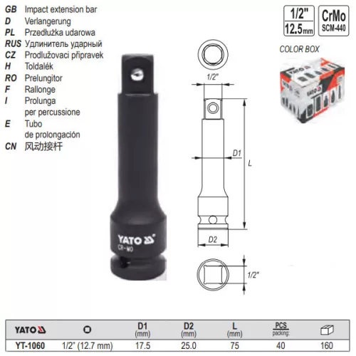 YATO YT-1060 Gépi dugókulcs toldószár 1/2" 75 mm CrMo