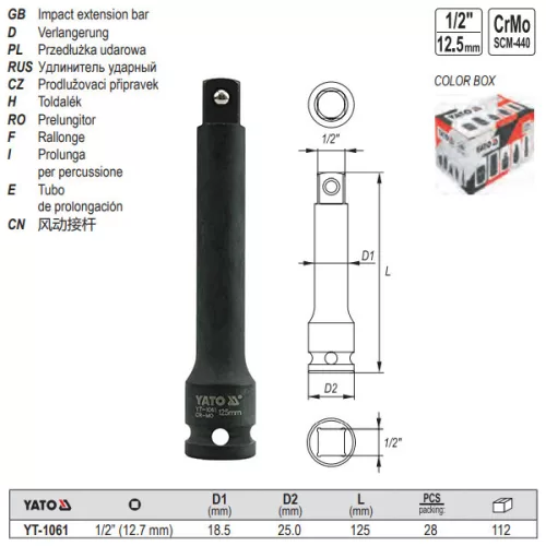 YATO YT-1061 Gépi dugókulcs toldószár 1/2" 125 mm CrMo