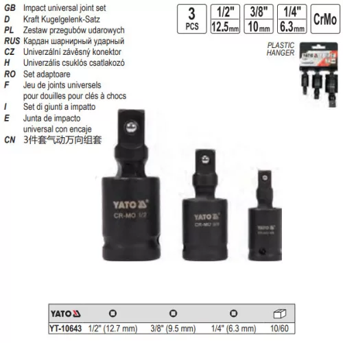 YATO YT-10643 Gépi csuklós csatlakozó készlet 3 részes 1/4 - 3/8 - 1/2"