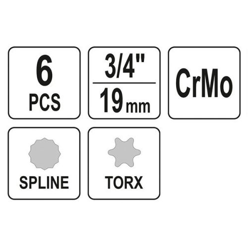 YATO YT-10653 Gépi bit dugókulcs készlet 6 részes Furatos Torx és Spline 3/4 Col CrMo