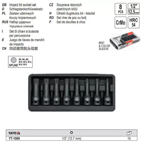 YATO YT-1069 Gépi hosszú bit dugókulcs készlet 8 részes Spline 1/2" M5-M18 CrMo