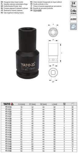 YATO YT-1138 Gépi hosszú dugókulcs 3/4" 38 mm CrMo