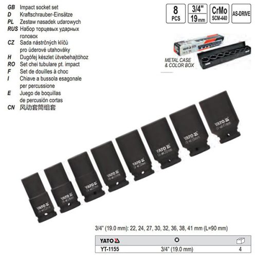 YATO YT-1155 Gépi hosszú dugókulcs készlet 8 részes 3/4" 22-41 mm CrMo