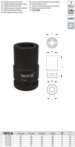YATO YT-1176 Gépi hosszú dugókulcs 1" 30 mm CrMo