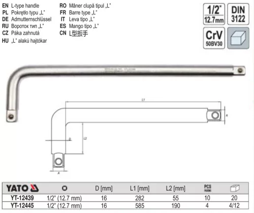 YATO YT-12439 L-alakú hajtókar 1/2" 300 x 70 mm