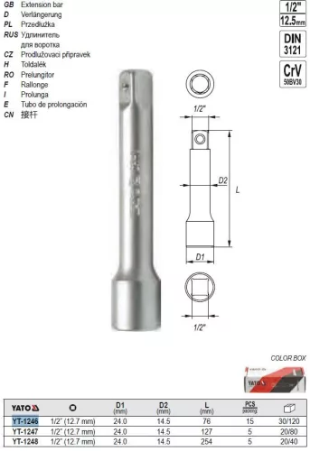 YATO YT-1246 Dugókulcs toldószár 1/2" 76 mm CrV