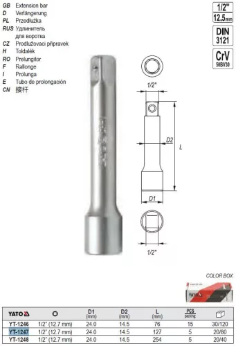 YATO YT-1247 Dugókulcs toldószár 1/2" 127 mm CrV