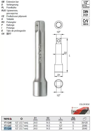 YATO YT-1248 Dugókulcs toldószár 1/2" 254 mm CrV