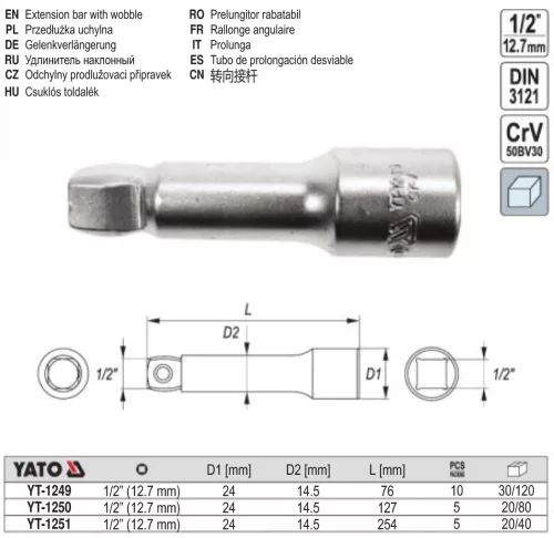 YATO YT-1251 Dugókulcs toldószár csuklós 1/2" 245 mm CrV