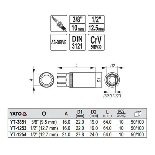 YATO YT-1253 Gyertyakulcs 1/2" 16 mm / 64 mm CrV