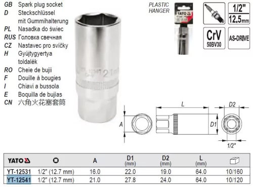 YATO YT-12541 Gyertyakulcs 1/2" 21 mm / 64 mm CrV