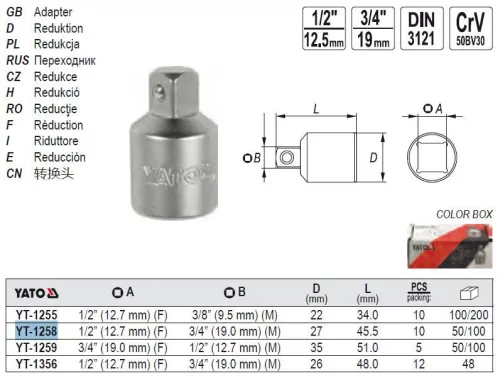 YATO YT-1258 Dugókulcs adapter 1/2" -> 3/4" CrV