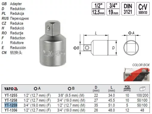YATO YT-1259 Dugókulcs adapter 3/4" -> 1/2" CrV