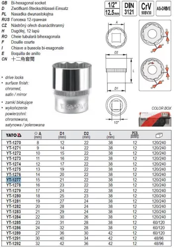 YATO YT-1277 Dugókulcs 12 szögletű 1/2" 15 mm CrV