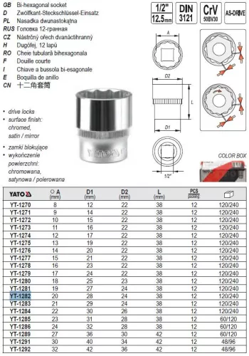 YATO YT-1282 Dugókulcs 12 szögletű 1/2" 20 mm CrV