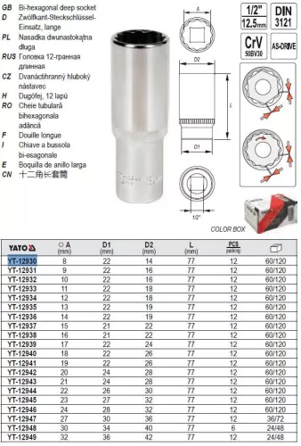 YATO YT-12930 Hosszú dugókulcs 12 szögletű 1/2" 8 mm CrV