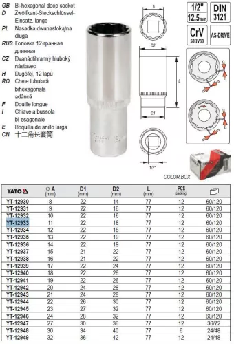 YATO YT-12933 Hosszú dugókulcs 12 szögletű 1/2" 11 mm CrV