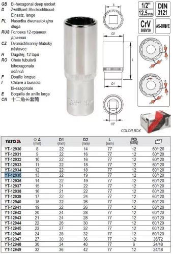 YATO YT-12935 Hosszú dugókulcs 12 szögletű 1/2" 13 mm CrV