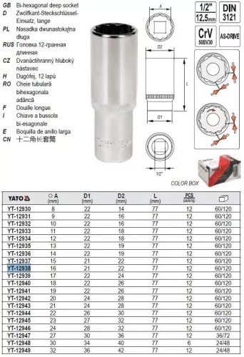 YATO YT-12938 Hosszú dugókulcs 12 szögletű 1/2" 16 mm CrV