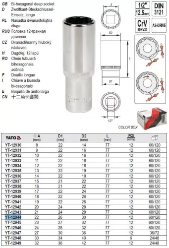 YATO YT-12944 Hosszú dugókulcs 12 szögletű 1/2" 22 mm CrV