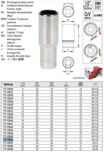 YATO YT-12946 Hosszú dugókulcs 12 szögletű 1/2" 24 mm CrV