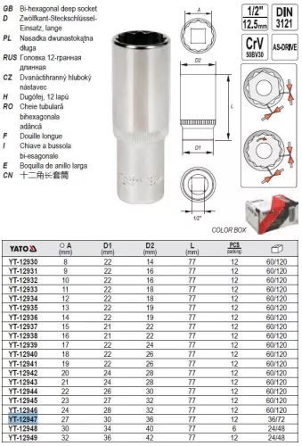 YATO YT-12947 Hosszú dugókulcs 12 szögletű 1/2" 27 mm CrV