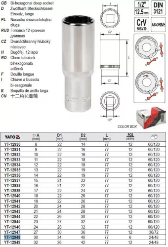 YATO YT-12948 Hosszú dugókulcs 12 szögletű 1/2" 30 mm CrV