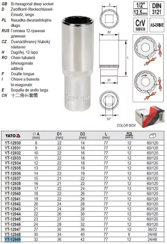 YATO YT-12949 Hosszú dugókulcs 12 szögletű 1/2" 32 mm CrV