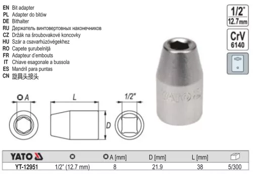 YATO YT-12951 Bithegy-tartó adapter 1/2 Col négyszög - 5/16 col (8mm( Hex