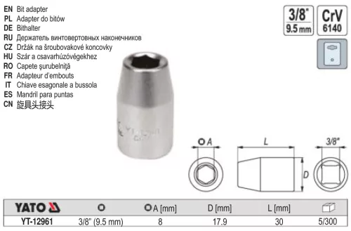 YATO YT-12961 Bithegy-tartó adapter 3/8 Col négyszög - 5/16 col (8mm) Hex