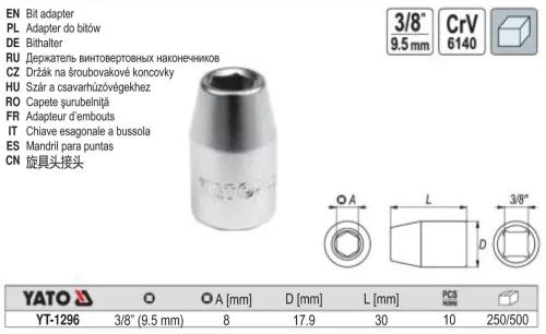 YATO YT-1296 Bithegy-tartó adapter 3/8 Col négyszög - 5/16 col (8 mm) Hex