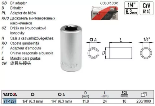 YATO YT-1297 Bithegy-tartó adapter 1/4" négyszög-> 1/4" Hex