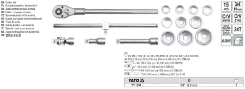 YATO YT-1334 Dugókulcs készlet 15 részes 3/4" 30-60 mm CrV